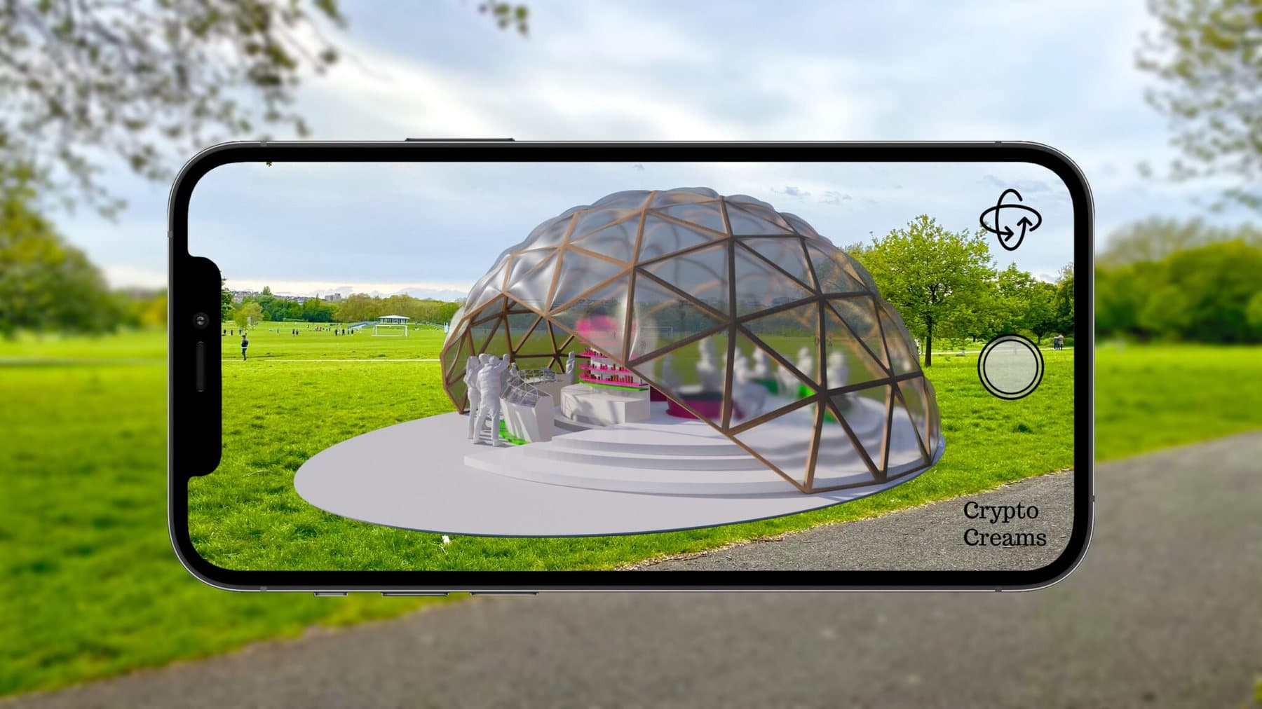 Augmented reality visualisation of the Crypto Creams geodesic dome pavilion in a park