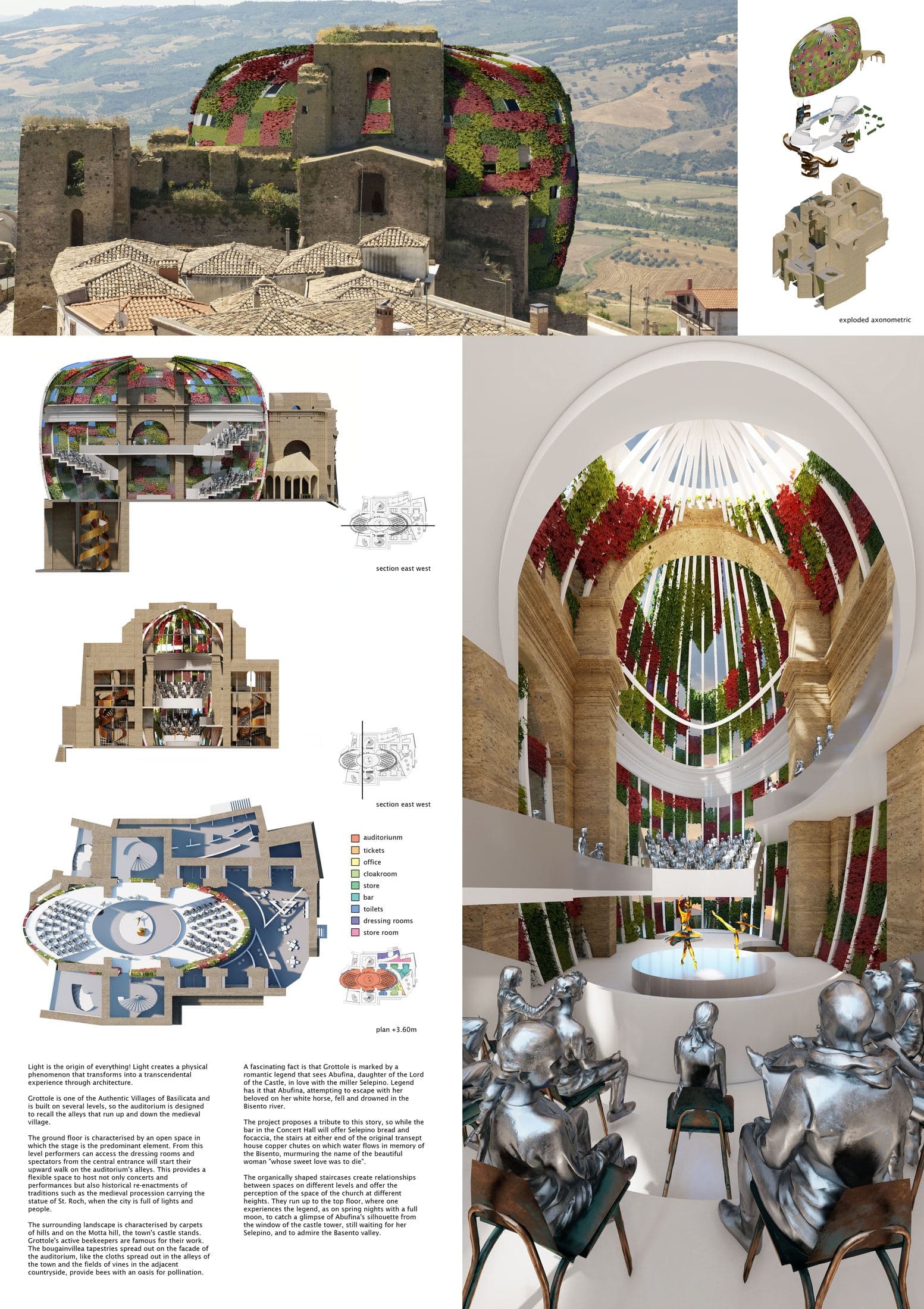 Presentation board for the Grottole adaptive reuse concert auditorium