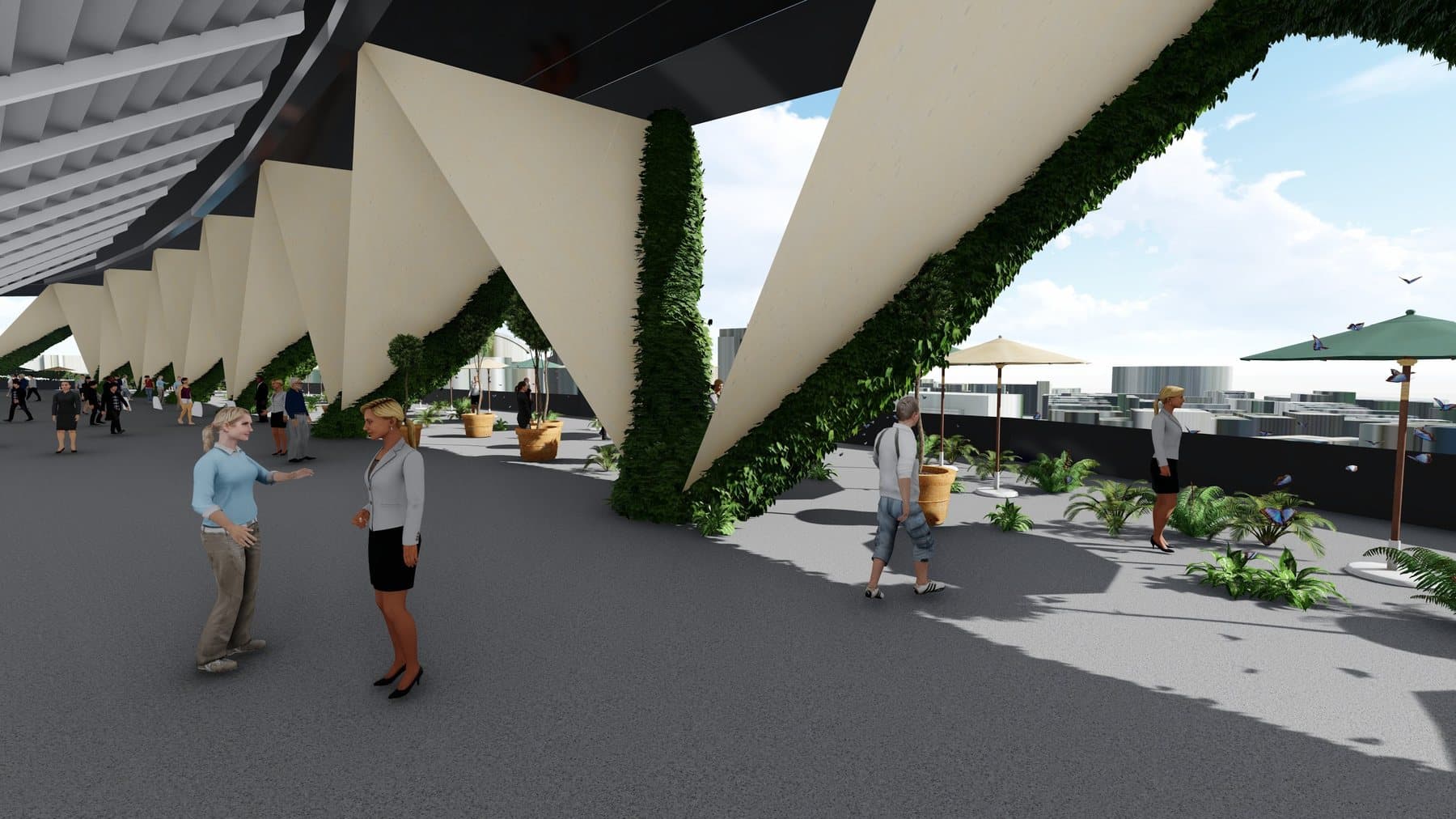 Rooftop concourse with green vertical facade fins overlooking the city