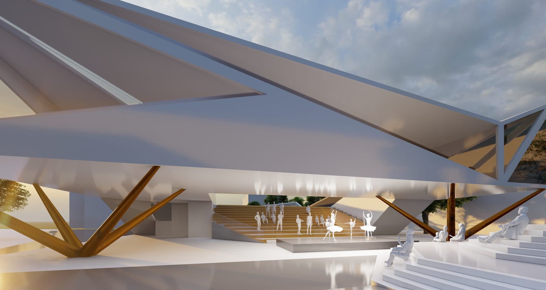 Exterior render of the concert hall's folded canopy roof