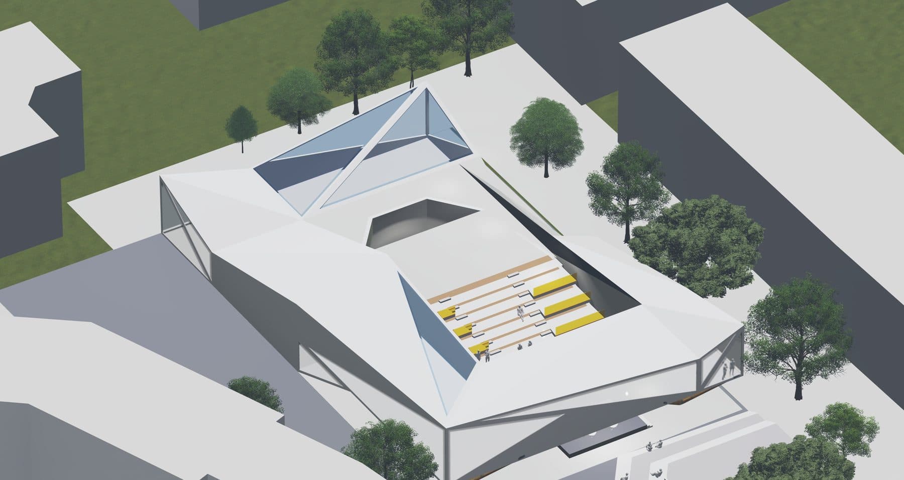 Interior render of the concert hall foyer with branching gold columns