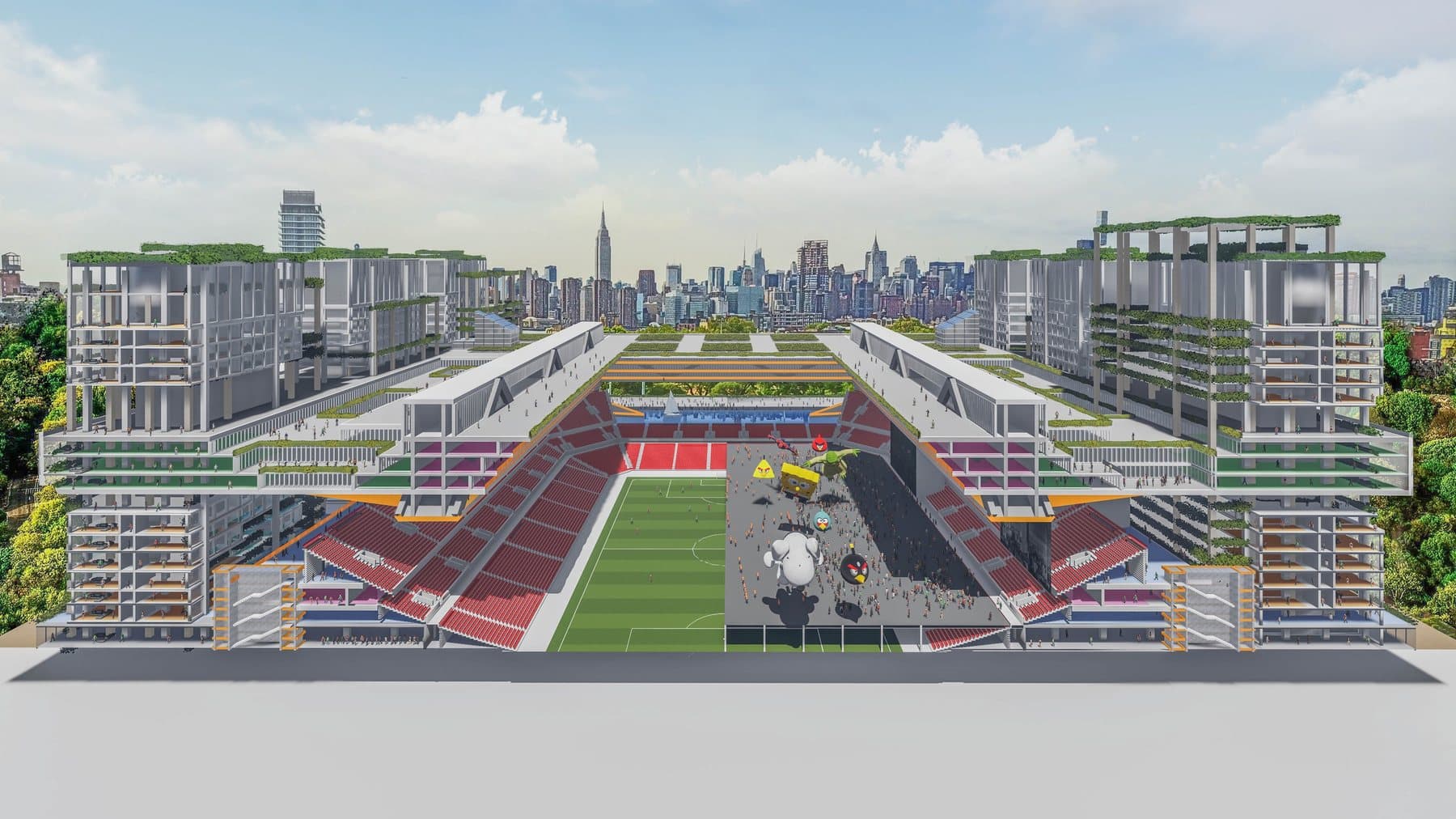 Aerial render of the modular stadium set within a dense city grid