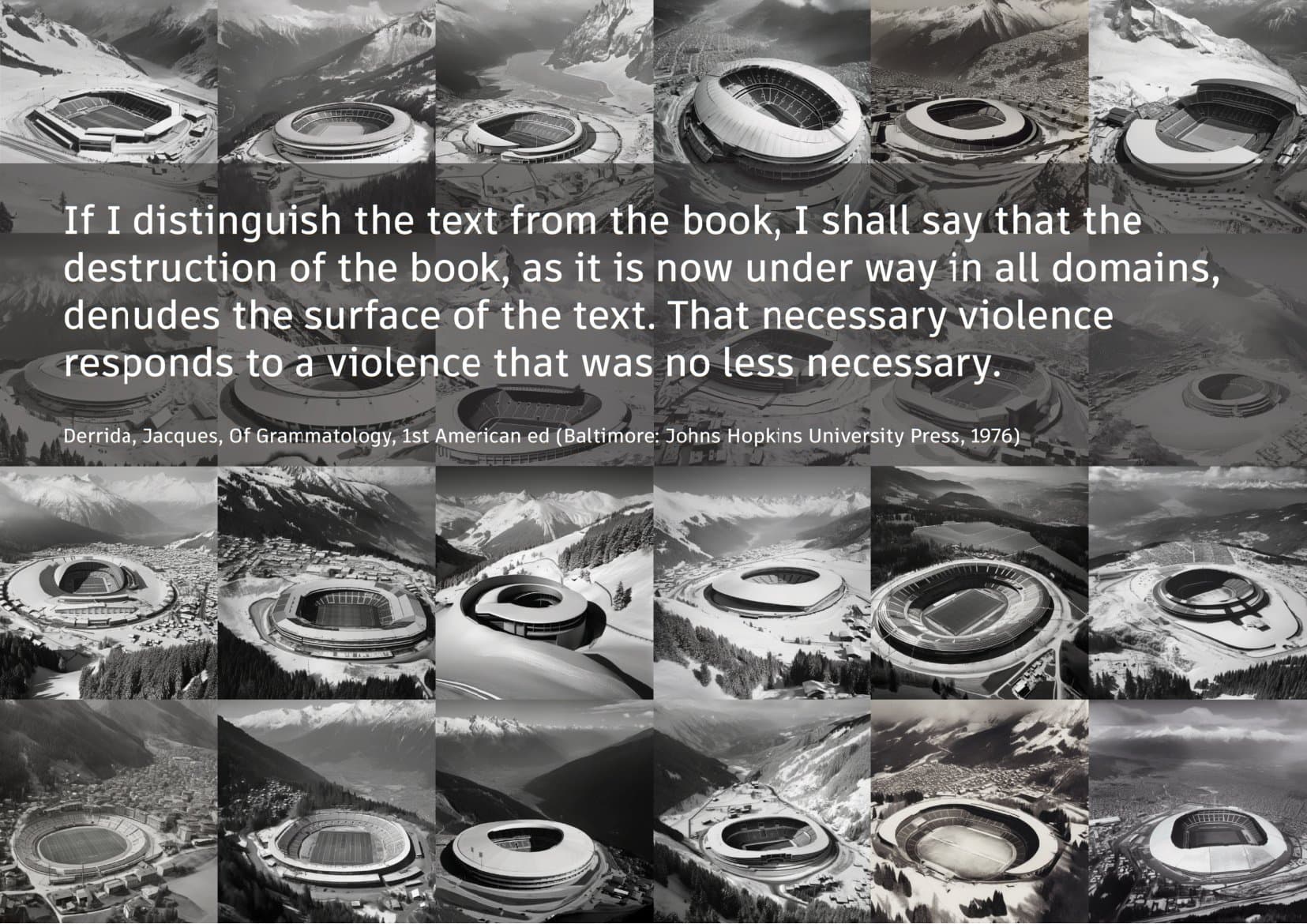 Grid of black and white stadium morphology studies with a Derrida quote