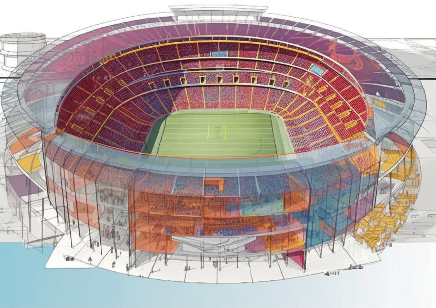 Analytical cutaway diagram of a stadium seating bowl and structure